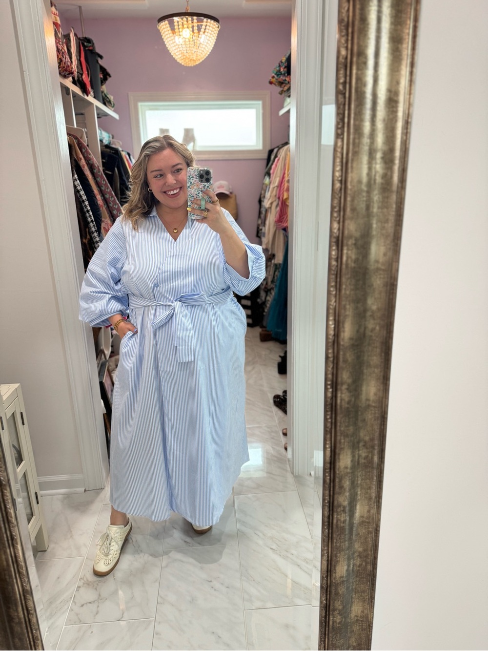 Ulla Popken Light Blue Striped Tie-Waist Midi Dress